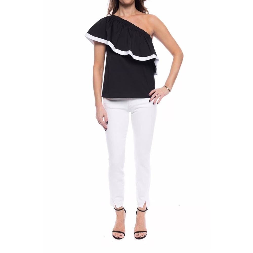 Milly One Shoulder Black White Ruffle Top Size Medium